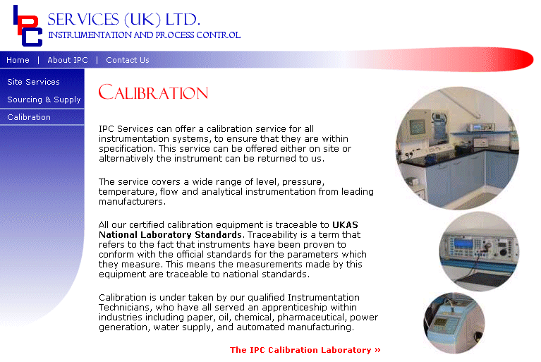 A page detailing calibration services offered by the company