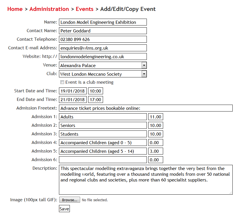 Editing an event in the administration system