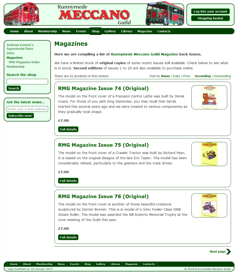 A shop page for the Runnymede Meccano Guild Magazine back-issues