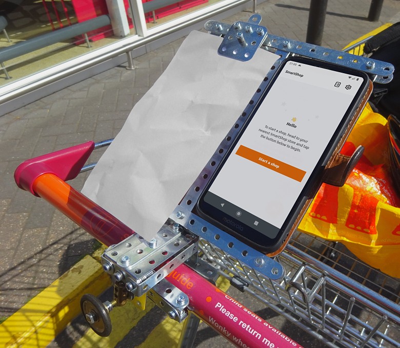 The smartphone holder mounted on a Sainsbury’s shopping trolley