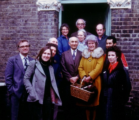 Phiroz Mehta (front centre, with his wife Silvia) and fellow students outside his house in Forest Hill, London