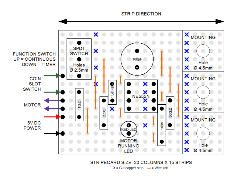 Stripboard layout diagram for the one minute timer circuit